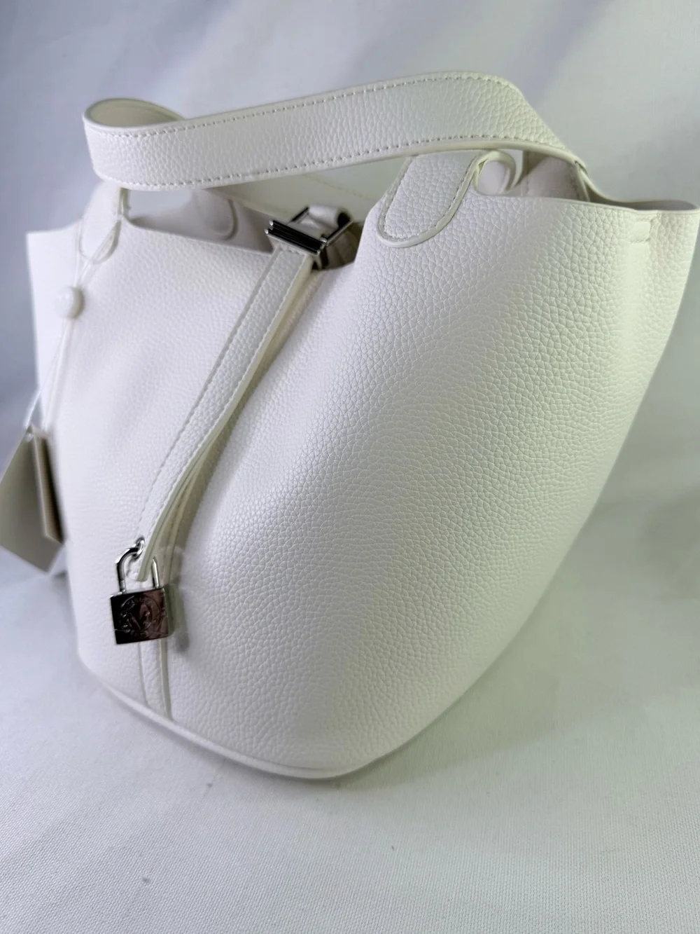 Valentino Orlandi White Pebbled Bucket Bag with Silver Accent